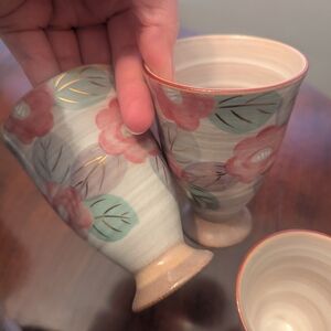 Vintage Set of 4 Hand Painted Floral Ceramic Sake Tea Cups